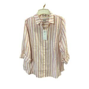 Chicos Women’s Linen Blouse Sz 1 10 New Roll Tab Metallic 3/4 Sleeve No Iron $99